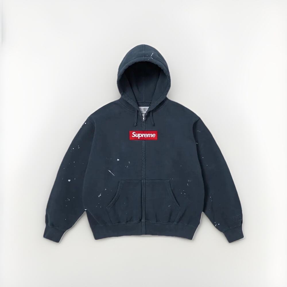 Supreme MM6 Maison Margiela Box Logo Zip Hoodie Navy Large SS26 Paint Splatter